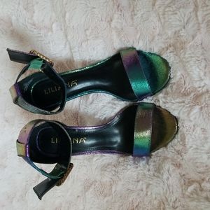 Liliana multicolored open toe w/ rhinestone buckle 4 inch high heels